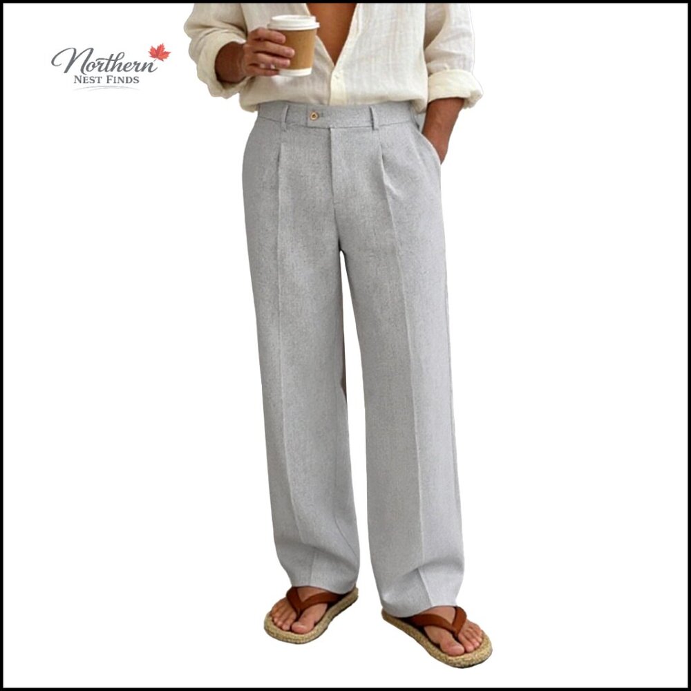 Men's Linen Wide Leg Pleated Pants Elastic Waist Casual Work Trousers